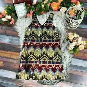 EVERLY Sequin Aztec V-Neck Mini Shift Dress